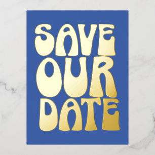 Invitación Postal Con Relieve Metalizado Retro Groovy Save The Date Azul Francés Dorado
