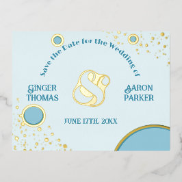 Invitación Postal Con Relieve Metalizado Retro Vintage Ampersand Círculos Azules Boda Dorad