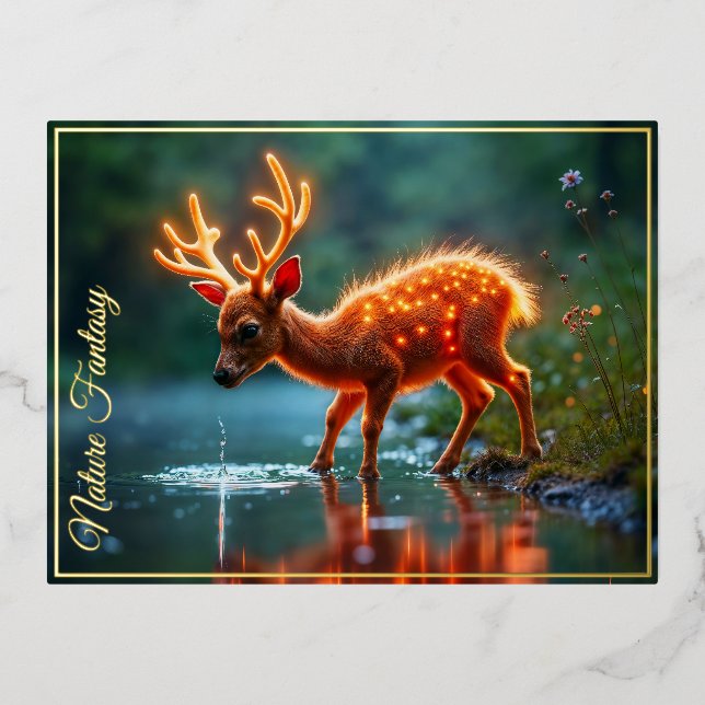 Invitación Postal Con Relieve Metalizado Río de bebidas mágicas de ciervos resplandecientes (Anverso)