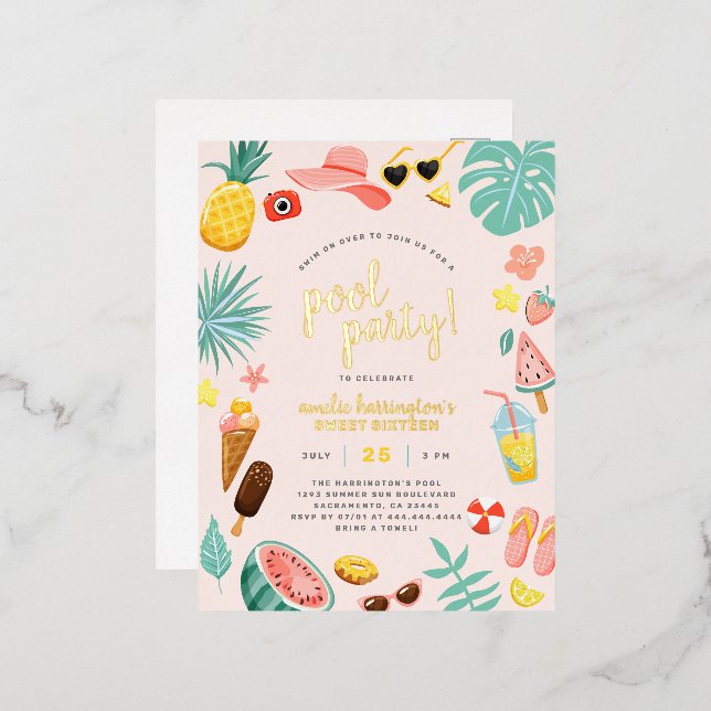 Invitación Postal Con Relieve Metalizado Rosa | Fiesta de piscina tropical de sandía piña (Anverso/Reverso)