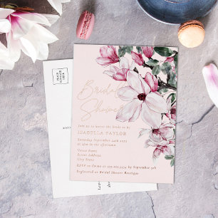 Invitación Postal Con Relieve Metalizado Rosa floral rosado de primavera ducha de novias do
