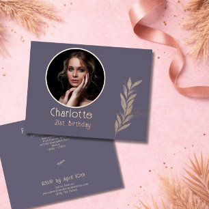 Invitación Postal Con Relieve Metalizado Rosa Gris con Acuarela Hoja de Oro Rosa Foto Cumpl