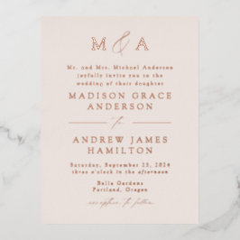 Invitación Postal Con Relieve Metalizado Rosa moderno Boda Monograma de Oro