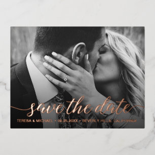Invitación Postal Con Relieve Metalizado Rosa Oro foil Salva la fecha Foto Boda Moderno