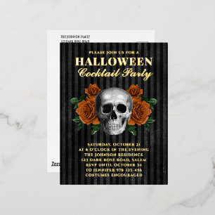 Invitación Postal Con Relieve Metalizado Rosas Naranjas Calavera Fiesta Cóctel Halloween Do