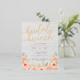 Invitación Postal Con Relieve Metalizado Rosas Pintados A Mano Y Guión De Brunch Bridal En