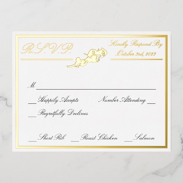 Invitación Postal Con Relieve Metalizado Rosas, White Wedding RSVP Gold (Anverso)