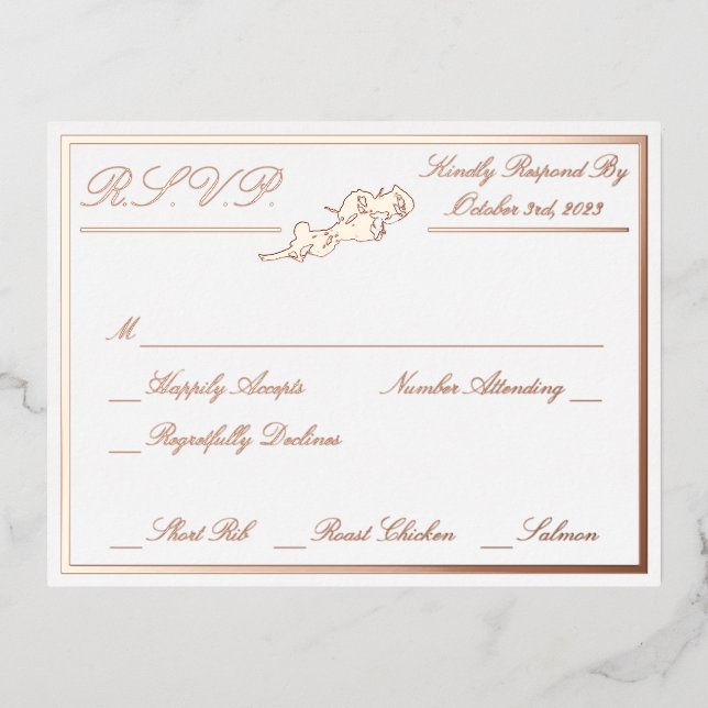 Invitación Postal Con Relieve Metalizado Rosas, White Wedding RSVP Rosa de oro lleno (Anverso)