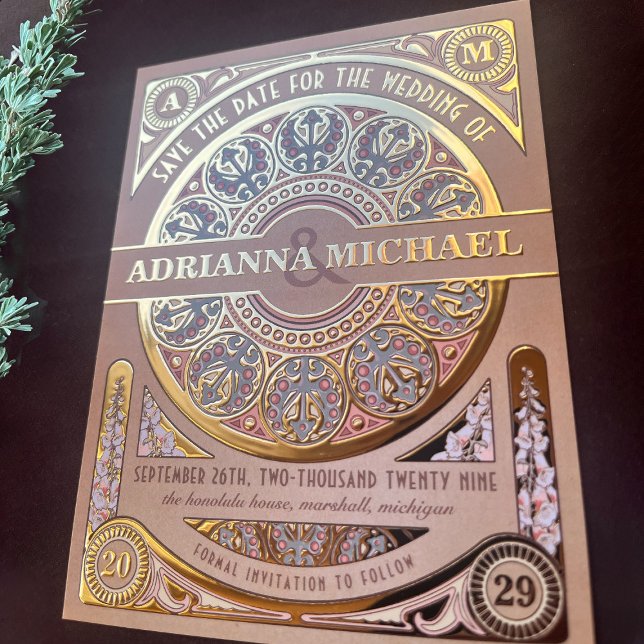 Invitación Postal Con Relieve Metalizado Royal Nouveau Oro Laminado Save the Date (Subido por el creador)