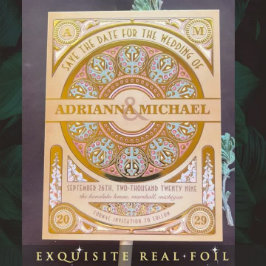 Invitación Postal Con Relieve Metalizado Royal Nouveau Oro Laminado Save the Date