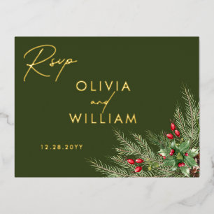 Invitación Postal Con Relieve Metalizado RSVP Boda Navidad Greenery Rústica