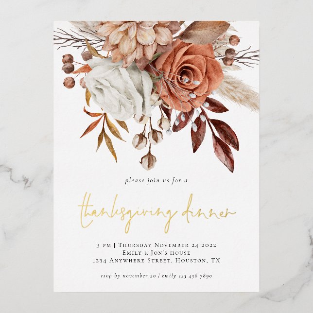 Invitación Postal Con Relieve Metalizado Rustic Otumn Florals Terracotta Thankding (Anverso)