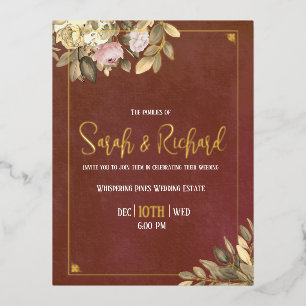 Invitación Postal Con Relieve Metalizado Rústico Terracota Botánico Boho Luxe Boda