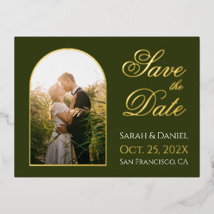 Invitación Postal Con Relieve Metalizado Save the Date Arch Photo Elegant Script Green Gold