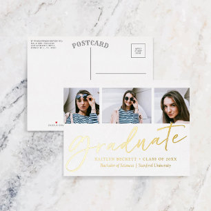 Invitación Postal Con Relieve Metalizado Script de moda 3 Foto Graduación Real