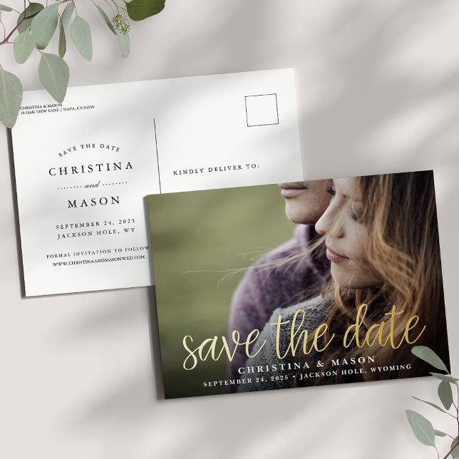 Invitación Postal Con Relieve Metalizado Script manuscrito | Boda fotográfica Guardar la fe (Subido por el creador)
