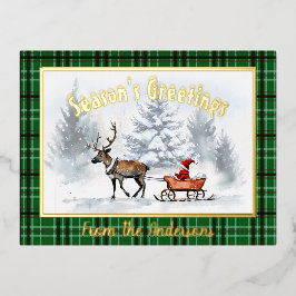 Invitación Postal Con Relieve Metalizado Seasons Greetings Reindeer Sleigh