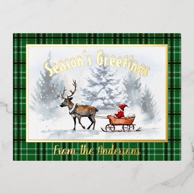 Invitación Postal Con Relieve Metalizado Seasons Greetings Reindeer Sleigh (Anverso)