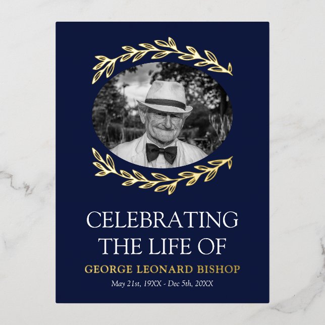 Invitación Postal Con Relieve Metalizado Sello de vegetación de la marina Foto Oval Funeral (Anverso)