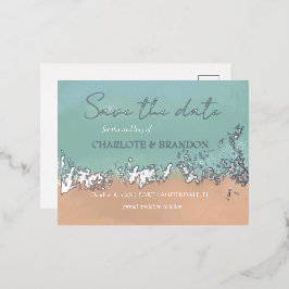 Invitación Postal Con Relieve Metalizado Sencilla Boda De Playa De Verano Marítimo Salvar L