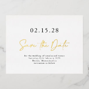 Invitación Postal Con Relieve Metalizado Sencillo guión elegante Guardar la fecha real oro