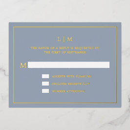 Invitación Postal Con Relieve Metalizado Sencillo Monograma Azul Dusty Elegante Boda RSVP