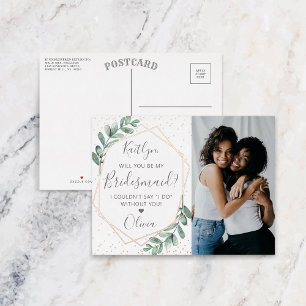 Invitación Postal Con Relieve Metalizado ¿Serás Mi Novia Eucalyptus Geométrico