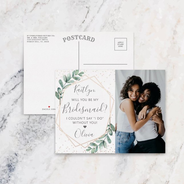 Invitación Postal Con Relieve Metalizado ¿Serás Mi Novia Eucalyptus Geométrico (Subido por el creador)