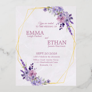 Invitación Postal Con Relieve Metalizado Shades of Dusty Purple Blooms Geometric Wedding 