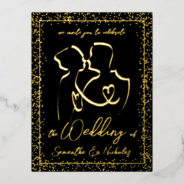 Invitación Postal Con Relieve Metalizado Silueta de amantes en negro y Boda de oro