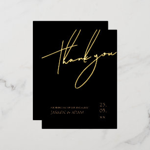 Invitación Postal Con Relieve Metalizado Simple Black Gold Script Boda Gracias Gold