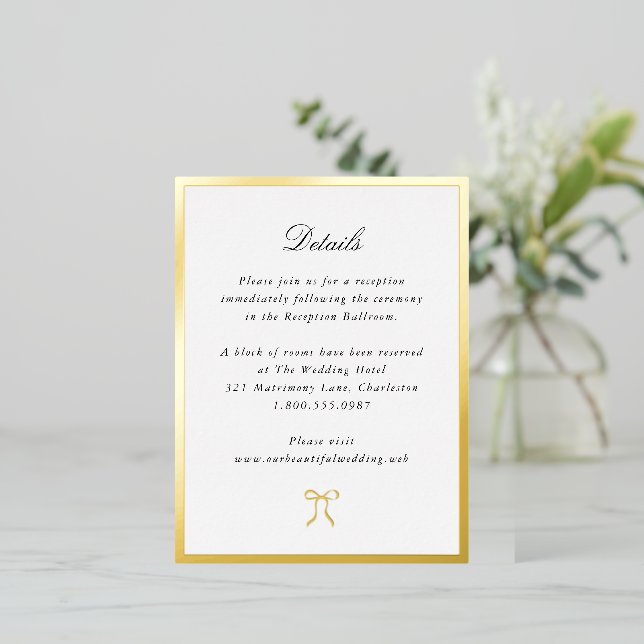 Invitación Postal Con Relieve Metalizado Simple Bow Classic Wedding Foil Enclosure Card (Anverso de pie)
