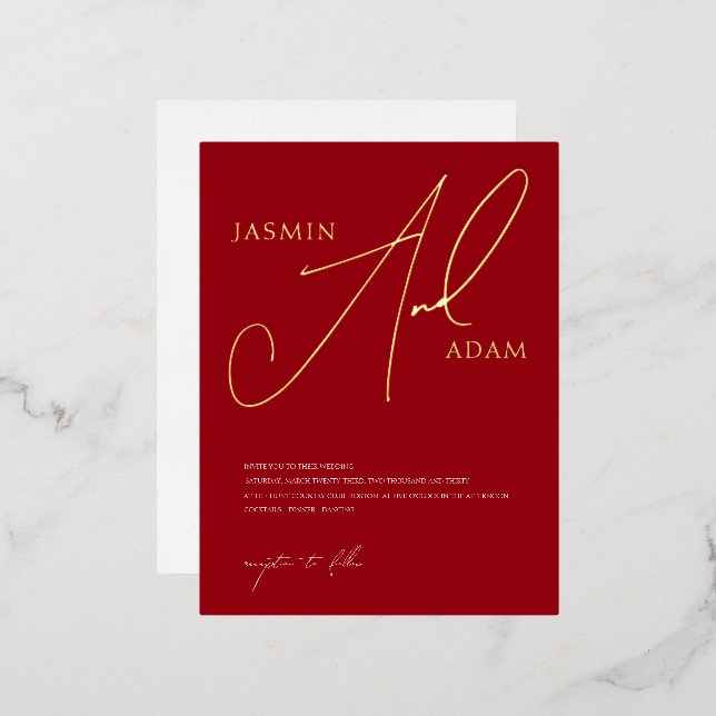 Invitación Postal Con Relieve Metalizado Simple Crimson Red Script Boda Gold (Anverso/Reverso)
