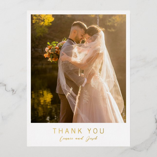Invitación Postal Con Relieve Metalizado Simple Photo Modern Wedding Thank You (Anverso)