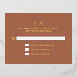 Invitación Postal Con Relieve Metalizado Simple Terracota Monograma Elegante Boda RSVP