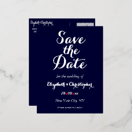 Invitación Postal Con Relieve Metalizado Simple y elegante boda azul de la marina salva la 