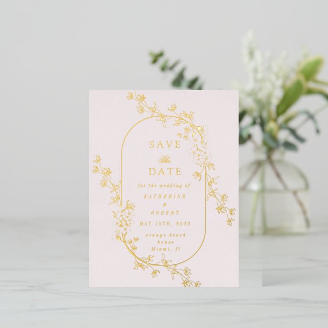 Invitación Postal Con Relieve Metalizado Sketched Modern Floral Wedding Foil Invitation (Anverso de pie)