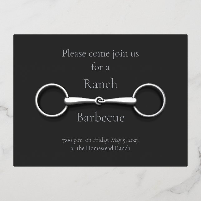 Invitación Postal Con Relieve Metalizado Snaffle bit de plata ecuestre elegante (Anverso)