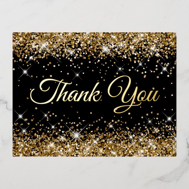 Invitación Postal Con Relieve Metalizado Sparkly Gold Purpurina Black 40th Birthday Gracias (Anverso)