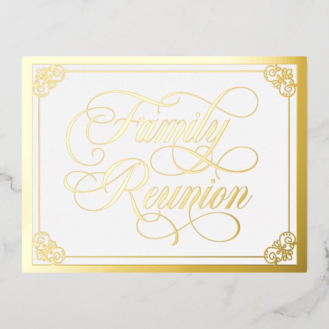 Invitación Postal Con Relieve Metalizado Swirly Ornate Family Reunion Gold (Anverso)