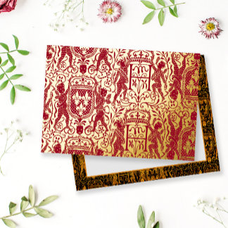 Invitación Postal Con Relieve Metalizado Tapiz Medieval Regio Rojo y Dorado Elegante