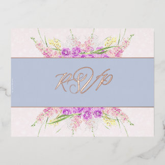 Invitación Postal Con Relieve Metalizado Vendretti Blue Ribbon y Bouquet-Foil RSVP