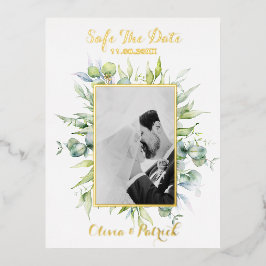 Invitación Postal Con Relieve Metalizado Verde acuarela eucalipto con foto