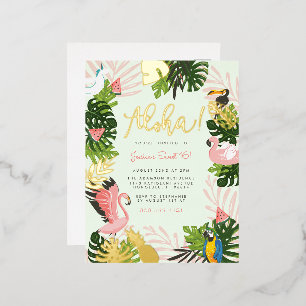 Invitación Postal Con Relieve Metalizado Verde   Aloha Hawaii Tropical Gold Birday Party