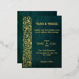 Invitación Postal Con Relieve Metalizado Verde oscuro vintage con Relieve metalizado dorado