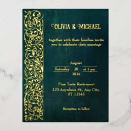 Invitación Postal Con Relieve Metalizado Verde oscuro vintage con Relieve metalizado dorado
