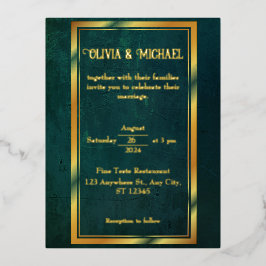 Invitación Postal Con Relieve Metalizado Verde oscuro vintage con Relieve metalizado dorado