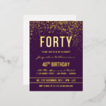 Invitación Postal Con Relieve Metalizado Violeta | Confetti de oro 40.º Fiesta de cumpleaño<br><div class="desc">Violeta | Invitaciones a postales de Relieve metalizado de Fiesta Gold Confetti 40th Birthday. Esta invitación formal, elegante, moderna y de moda a la fiesta de cuarenta años es apta para hombres o mujeres. Comprende líneas limpias doradas, un guión gótico elegante de funda superior y un sofisticado texto de Relieve...</div>
