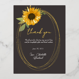 Invitación Postal Con Relieve Metalizado Yellow Sunflower Modern Floral Thank You  