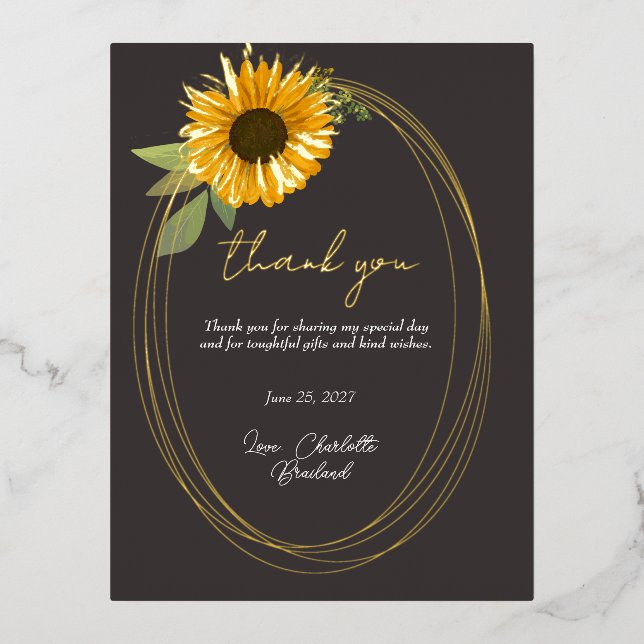 Invitación Postal Con Relieve Metalizado Yellow Sunflower Modern Floral Thank You   (Anverso)